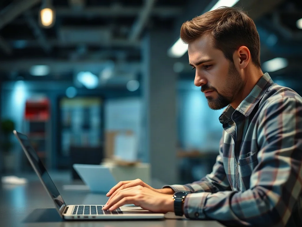 Technik przy laptopie podczas instalacji systemu operacyjnego w nowoczesnym biurze.