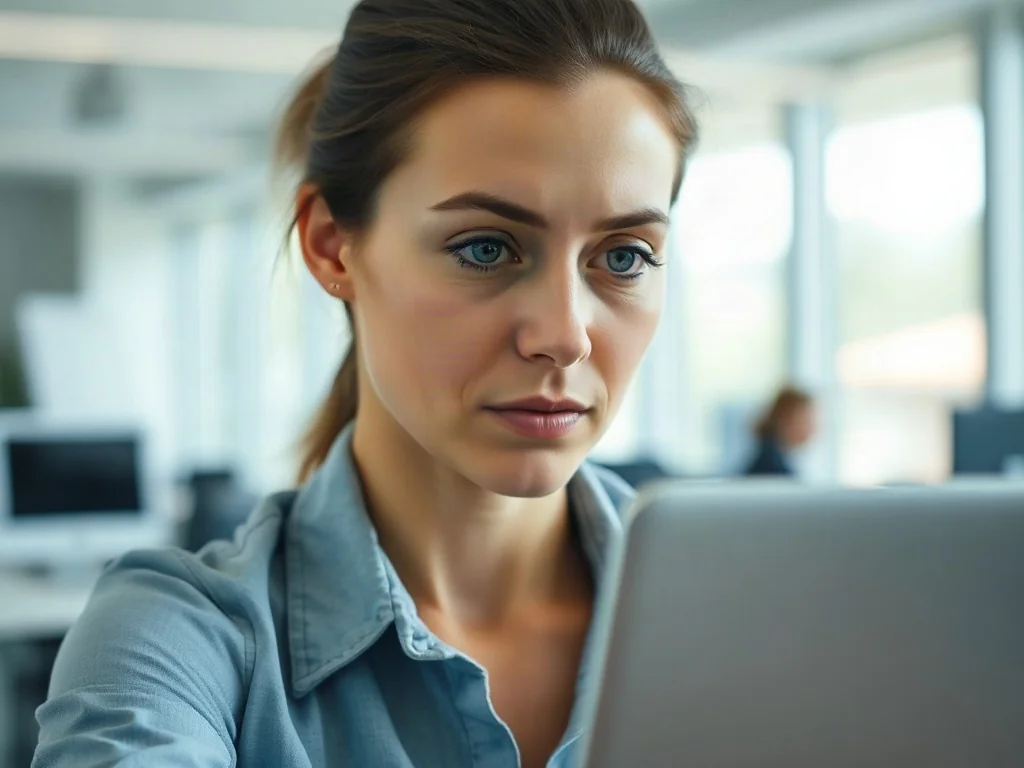 Zaniepokojona kobieta patrząca na ekran laptopa w biurze, ilustrująca problem z wysłaną wiadomością e-mail.