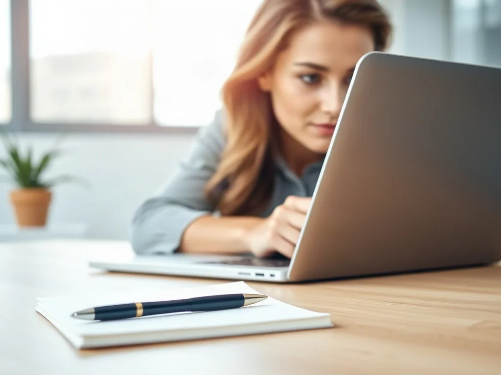 Kobieta pracująca przy laptopie z otwartym edytorem tekstu na minimalistycznym biurku w jasnym biurze.