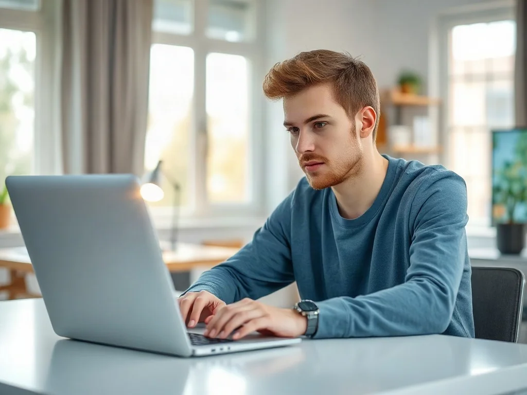 Mężczyzna w domowym biurze podłącza bezprzewodową drukarkę do laptopa, przygotowując urządzenie do pracy.
