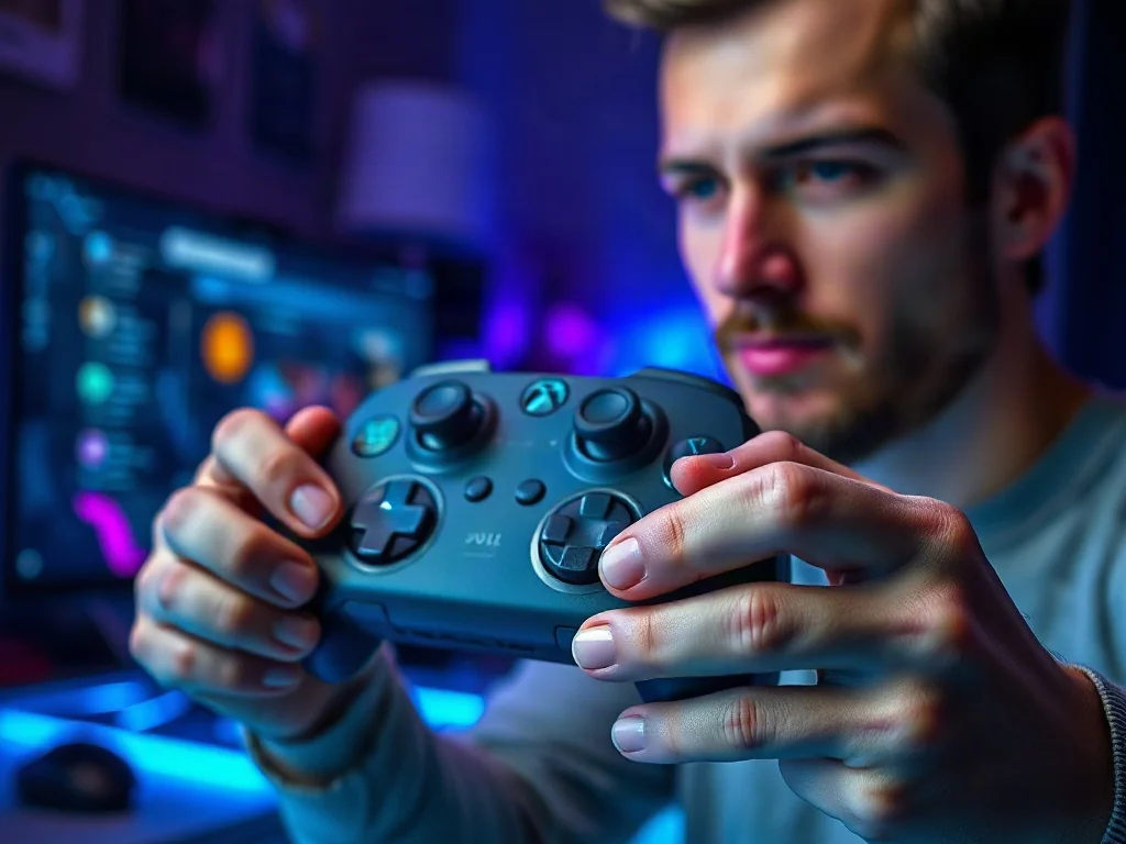Mężczyzna trzyma bezprzewodowy kontroler Xbox w dłoniach na tle podświetlanego monitora z grą.