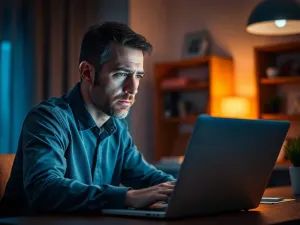 Kobieta uśmiecha się podczas pisania na laptopie w jasnym biurze, co ilustruje komfortową pracę z użyciem emotikon w Outlooku.