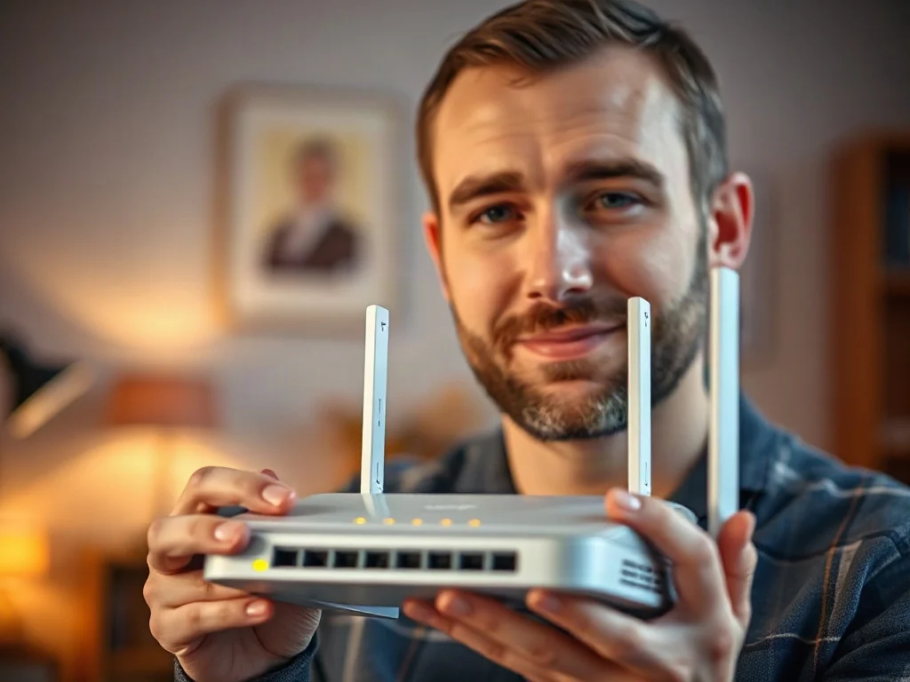 Mężczyzna trzymający nowoczesny router Wi-Fi w domowym biurze, ilustrujący temat konfiguracji sieci bezprzewodowej.