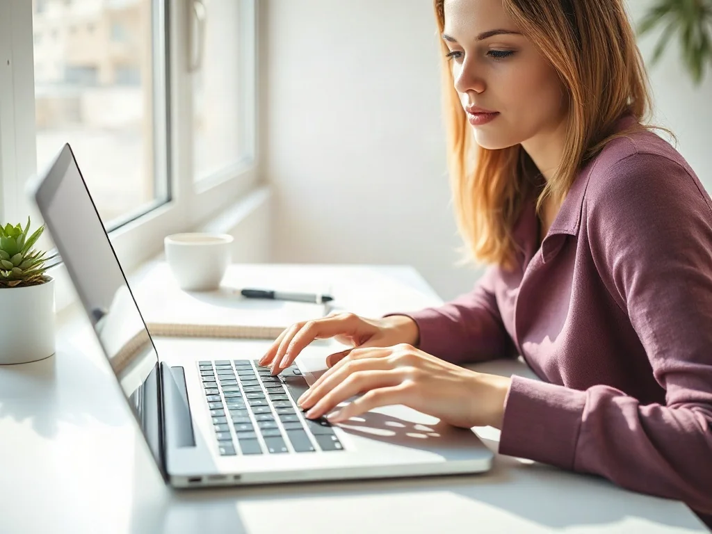 Kobieta pracująca na laptopie przy minimalistycznym biurku, ilustrująca proces edycji dokumentów w programie Word.