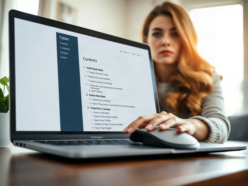 Kobieta aktualizuje spis treści w dokumencie tekstowym na ekranie laptopa w przytulnym domowym biurze.