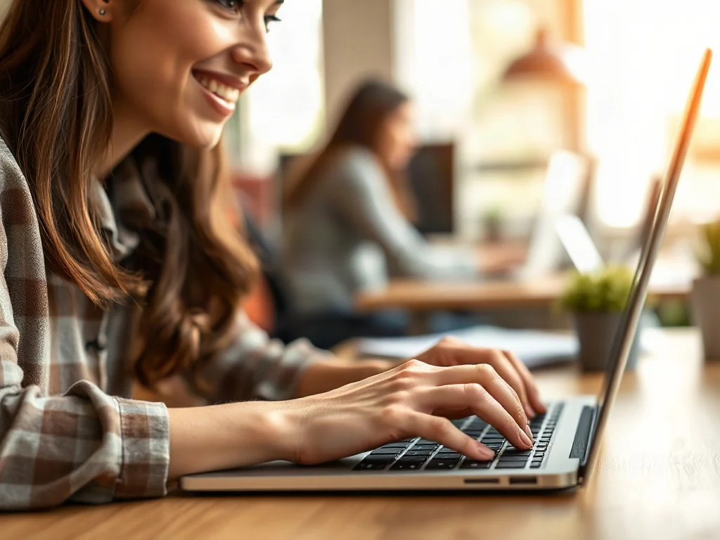 Kobieta uśmiecha się podczas pisania na laptopie w jasnym biurze, co ilustruje komfortową pracę z użyciem emotikon w Outlooku.