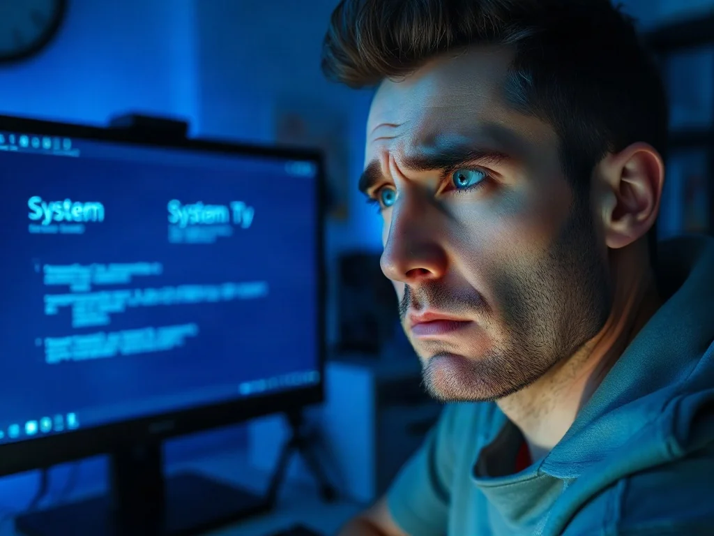 Zirytowany mężczyzna siedzący przed monitorem z niebieskim ekranem błędu systemu Windows.