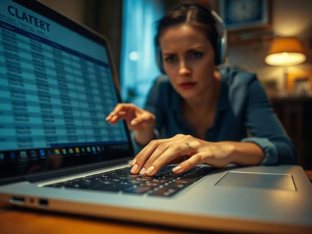 Zestresowana kobieta pracująca przy laptopie z zablokowanym arkuszem kalkulacyjnym w domowym biurze.